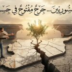 رسم تعبيري يُظهر خريطة سوريا مقسومة بصدع عميق، تقف على جانبيه عائلات سورية تمد أيديها لبعضها البعض، مع وجود جسر مكسور في الخلفية وشجرة زيتون صغيرة تنبت من وسط الشق رمزاً للأمل. يعلو الصورة عنوان المقال بخط عربي: "انقسام السوريين... جرحٌ مفتوح في جسد الوطن".