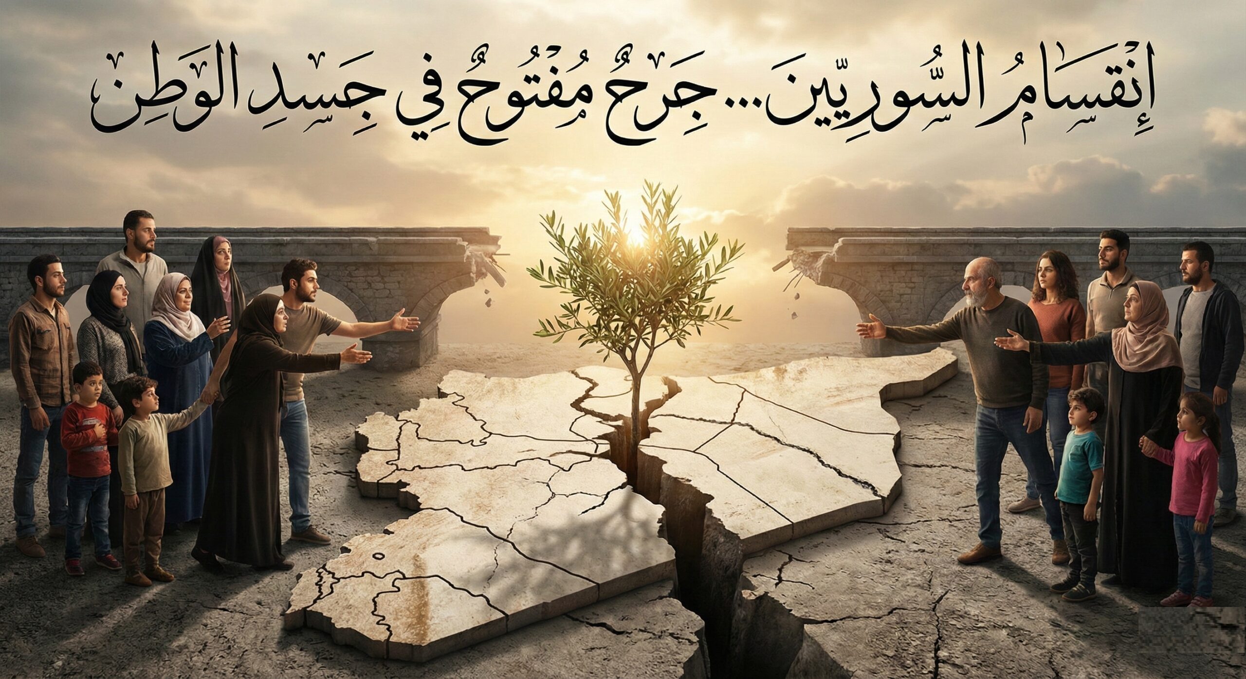 رسم تعبيري يُظهر خريطة سوريا مقسومة بصدع عميق، تقف على جانبيه عائلات سورية تمد أيديها لبعضها البعض، مع وجود جسر مكسور في الخلفية وشجرة زيتون صغيرة تنبت من وسط الشق رمزاً للأمل. يعلو الصورة عنوان المقال بخط عربي: "انقسام السوريين... جرحٌ مفتوح في جسد الوطن".