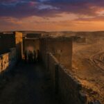 L'EI reviendra-t-il dans la Jézireh syrienne ? Une longue route désertique dans la Badia syrienne au coucher du soleil, avec des traces de pneus et la silhouette lointaine d'une personne, symbolisant le mouvement caché de Daech.