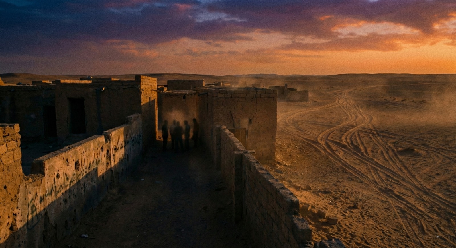 L'EI reviendra-t-il dans la Jézireh syrienne ? Une longue route désertique dans la Badia syrienne au coucher du soleil, avec des traces de pneus et la silhouette lointaine d'une personne, symbolisant le mouvement caché de Daech.
