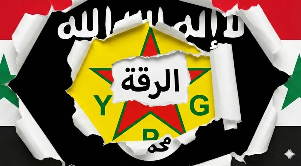 Illustration graphique montrant les drapeaux des forces successives à Raqqa : le drapeau de la révolution syrienne, celui de l'EI et celui des YPG.
