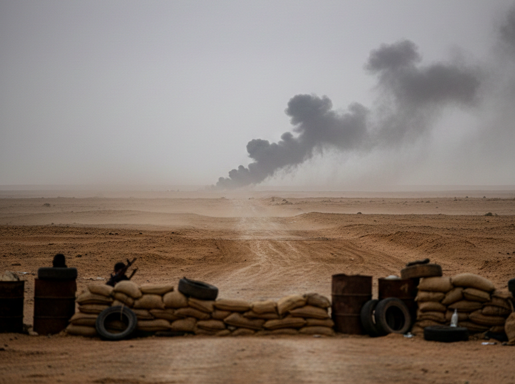 Colonnes de fumée s'élevant d'une route désertique dans la Badia syrienne, avec un point de contrôle militaire camouflé au premier plan, symbolisant l'escalade des attaques dans la Jézireh syrienne.
