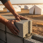 Les mains d'un travailleur syrien posant un parpaing pour construire un mur, avec un camp de réfugiés en arrière-plan, symbolisant la transition de l'urgence vers la stabilité.