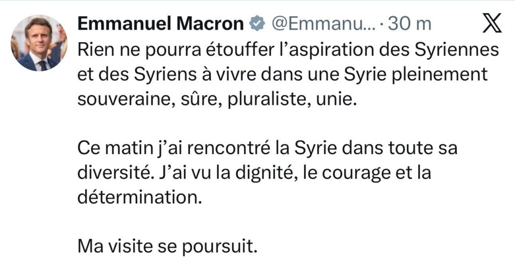 Publication sur X concernant l’aspiration des Syriennes et des Syriens à vivre dans une Syrie souveraine, sûre, pluraliste et unie